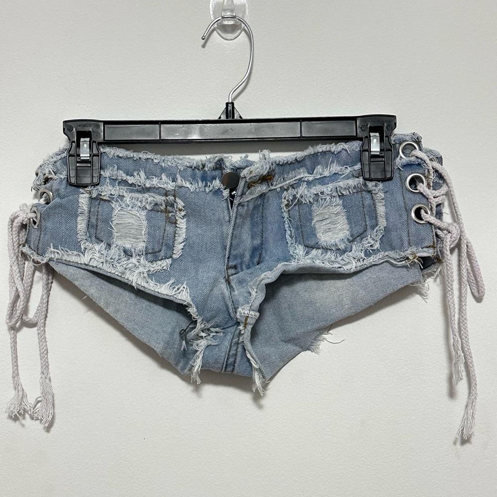 Y2K Distressed Denim Lace-Up Micro Shorts | Vintage Festival Vibes